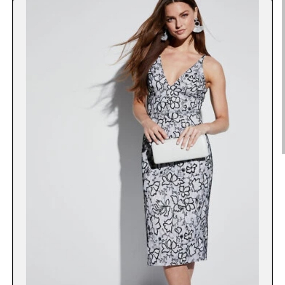 DRESS the‎ POPULATION Black White Floral Embroidered Sequin Lace Cocktail